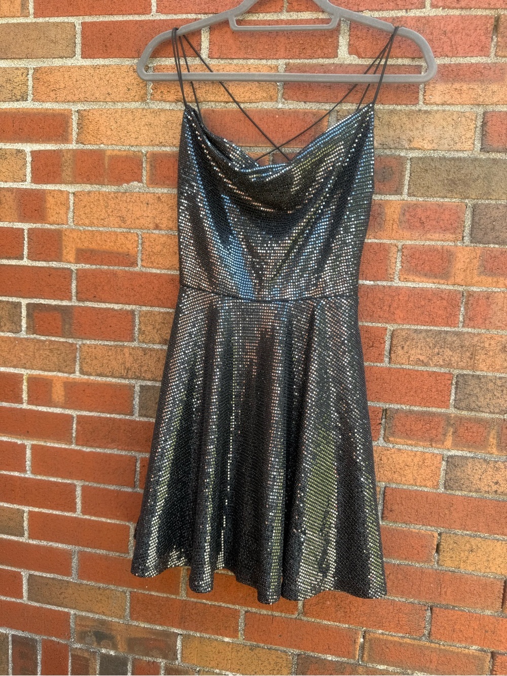 B Darlin Black Silver Shimmer Party Dress Cowl Neck Strappy Back Fit & Flare